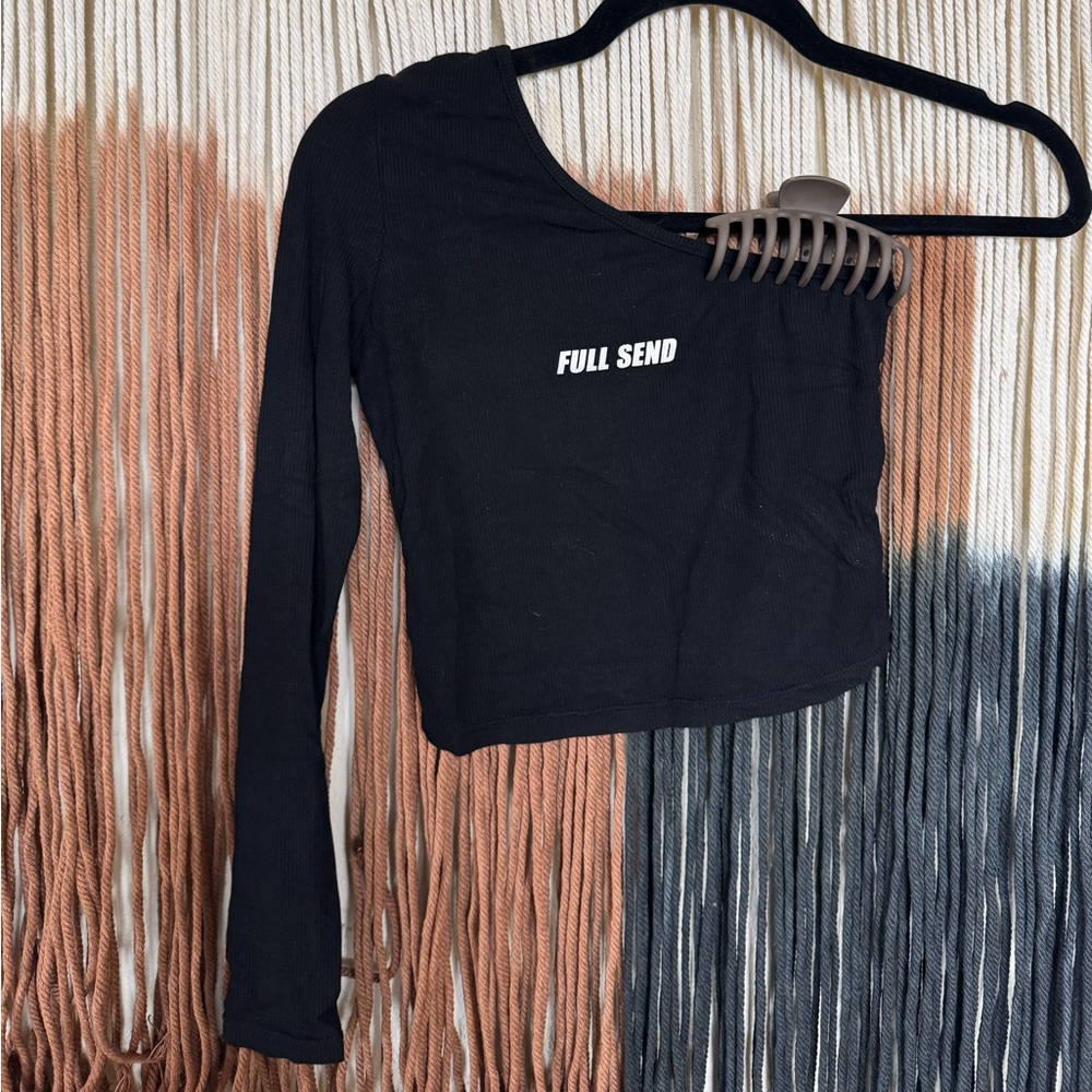 Black Full Send one sleeve ribbed crop top; perfect condition, never worn!